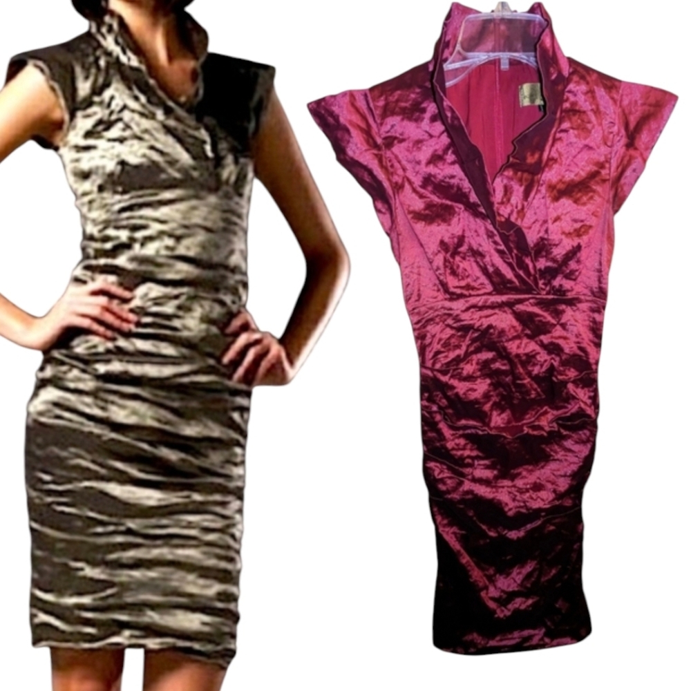RARE Nicole Miller Techno Metallic Ruched RED Crinkle Summer Birthday Dress 0